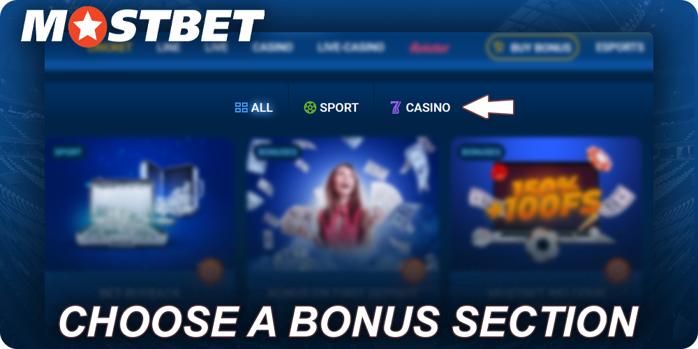 Select the type of bonus on Mostbet