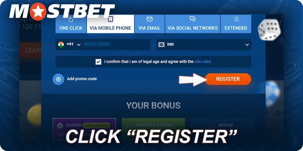 Click "Register" button at Mostbet register form