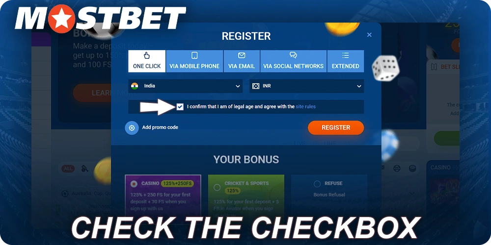 Check the checkbox in Mostbet register form