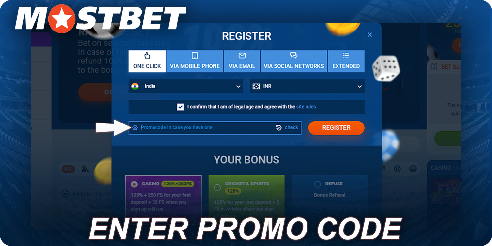 Enter promo code in the Mostbet register form