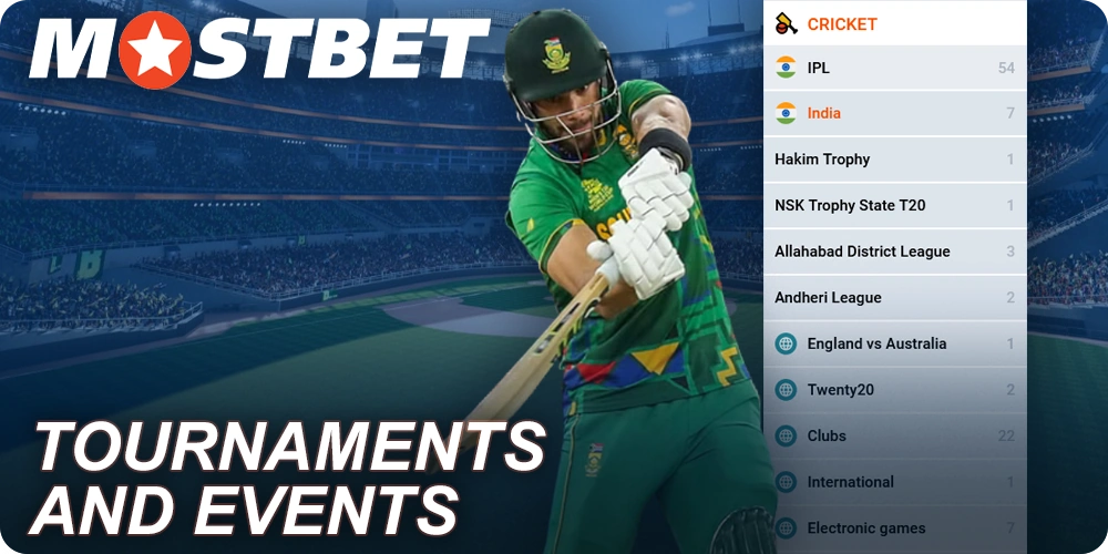 Cricket tournaments and events available for betting at Mostbet