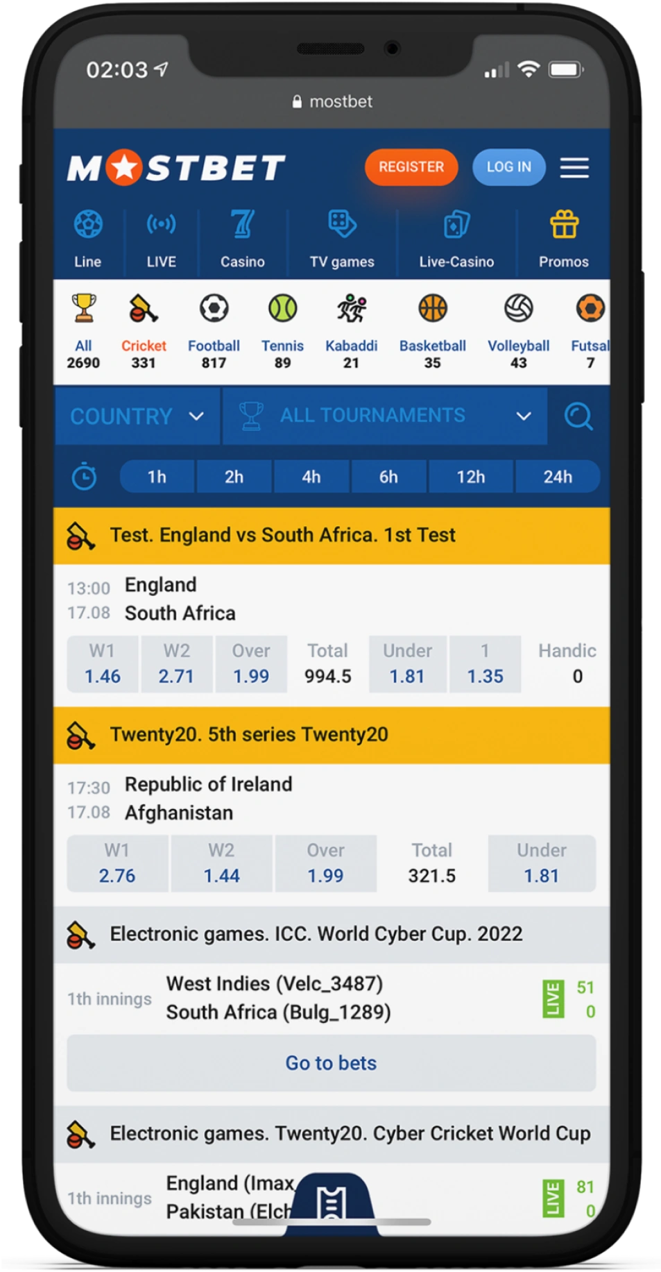 Screenshot of Mostbet App Betting
